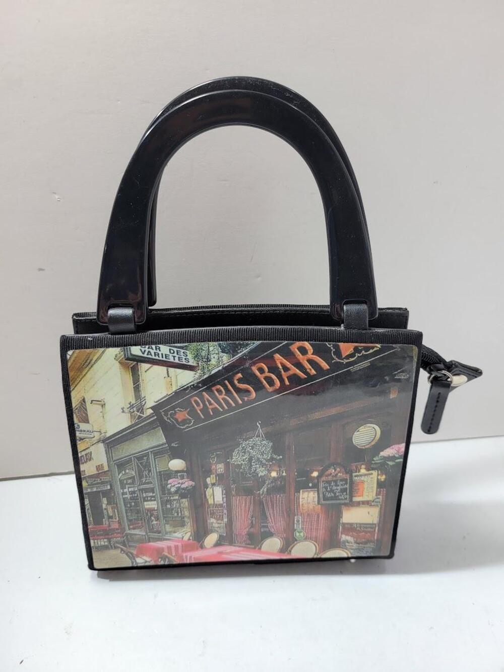 Paris Bar Photo Print Handbag Womens Black Top Handle Purse Structured Boxy